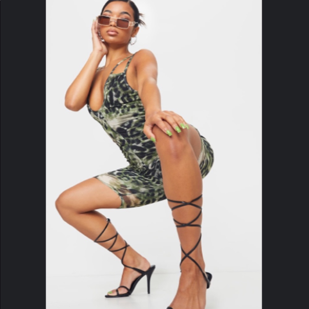 Khaki Leopard Ruched Double Strap Unitard